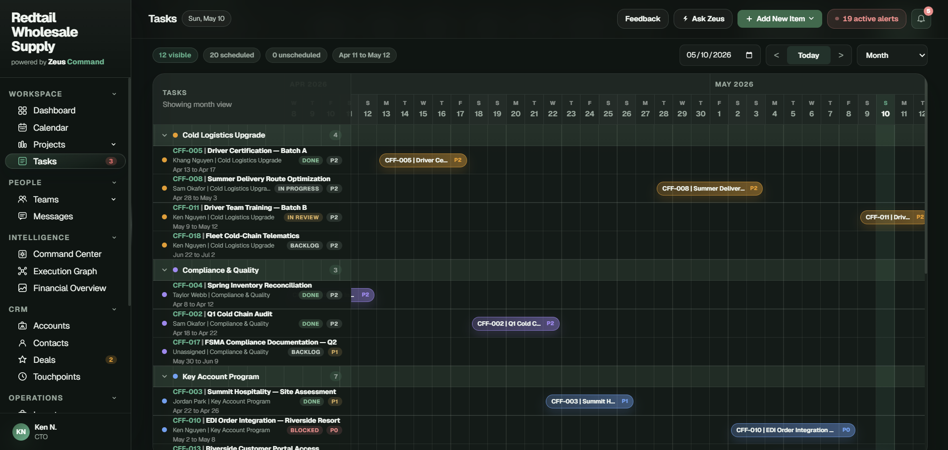 Zeus Command tasks month view showing grouped work streams and scheduled task bars.